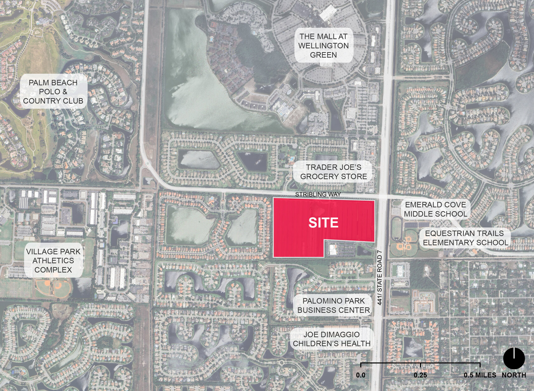 The ~70-acre Wellington Village (K-Park) site on Stribling Way at SR-7 / US-441 — beside the Mall at Wellington Green, Trader Joe's, and area schools. BusinessFlare®.